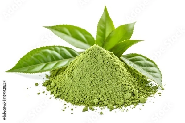Fototapeta Vibrant Green Matcha Powder Pile with Fresh Tea Leaves Isolated on a Clean White Background.