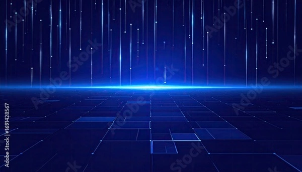 Fototapeta Abstract blue digital background with falling data lines and a glowing perspective grid, representing technology, internet, and information flow.