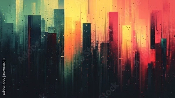 Fototapeta Abstract Cityscape at Sunset: A Glitch in the Metropolis