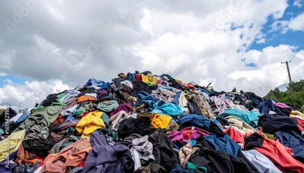 Fototapeta Massive pile of colorful discarded clothes under a cloudy sky, illustrating textile waste, fast fashion's environmental impact, and global overconsumption.
