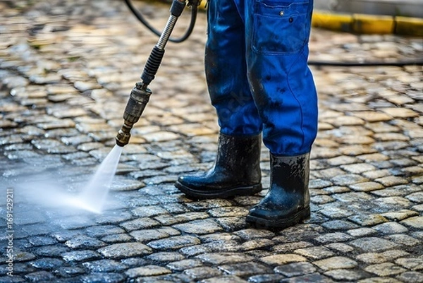 Fototapeta Worker in Blue Overalls Blasts Grime from Wet Cobblestone with a High-Pressure Jet.