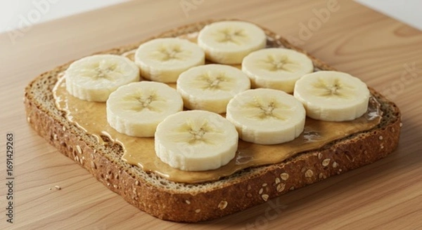 Fototapeta Nutritious breakfast toast topped with smooth peanut butter and sliced ripe banana, a simple and energetic meal