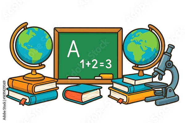 Fototapeta Education concept with school supplies. Globe, books, microscope, and chalkboard. Back to school vector illustration. Classroom learning, science, and geography study tools.
