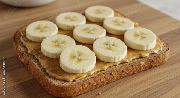 Fototapeta Delicious Peanut Butter and Banana Sandwich on Whole Wheat Toast A Simple and Nutritious Breakfast Option
