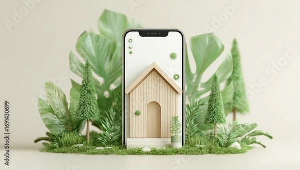 Fototapeta A smartphone displays a miniature wooden house in a lush green landscape