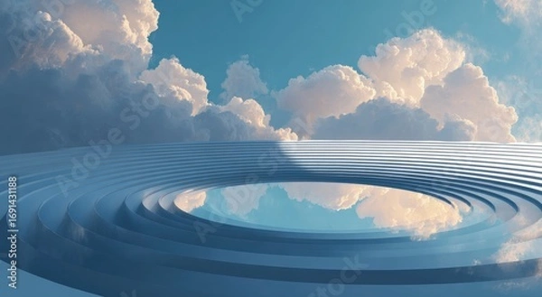 Fototapeta A serene, circular platform reflecting a sky of clouds