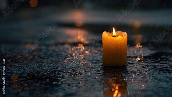 Fototapeta A single candle illuminates a wet pavement during a rain shower