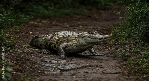 Fototapeta A close-up shot of a powerful crocodile walking on a dirt path in a natural environment, showcasing its textured skin and imposing presence