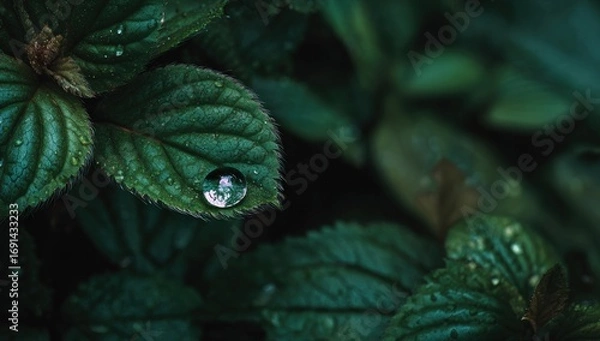 Fototapeta Close-up of a dewdrop on a deep green leaf
