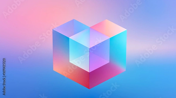 Fototapeta Abstract 3D transparent cube with hollow center, pastel gradient colors, modern geometric design. Ideal for tech branding, digital art, and creative advertising visuals.