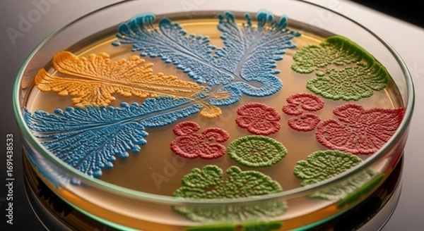 Fototapeta Colorful Petri Dish with Intricate Patterns of Blue, Orange, and Green Shapes Floating in Liquid