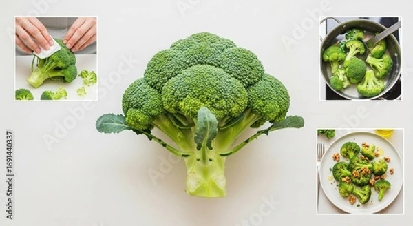 Fototapeta Fresh broccoli being cleaned, cooked, and served on a plate, showcasing healthy eating and meal preparation