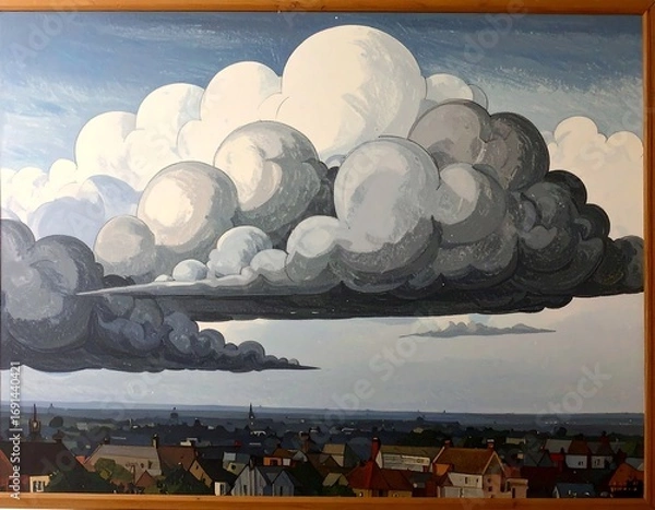 Fototapeta Panoramic view of a city beneath a dramatic sky