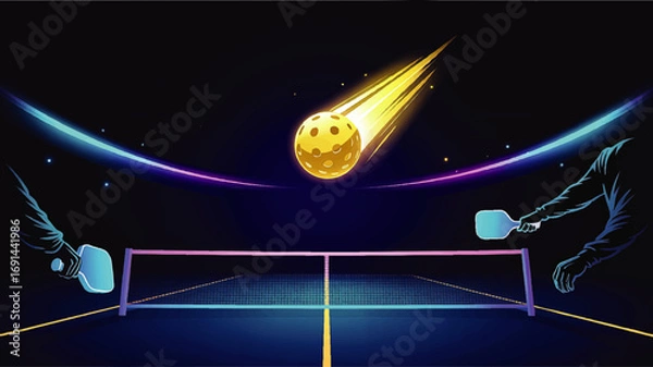 Fototapeta Futuristic Pickleball Match Illustration – Neon Colors, Dynamic Paddle Players, Glowing Court and Fast Flying Ball on Dark Background