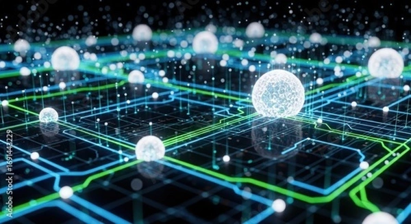 Fototapeta Futuristic digital landscape with glowing spheres and interconnected lines representing data flow