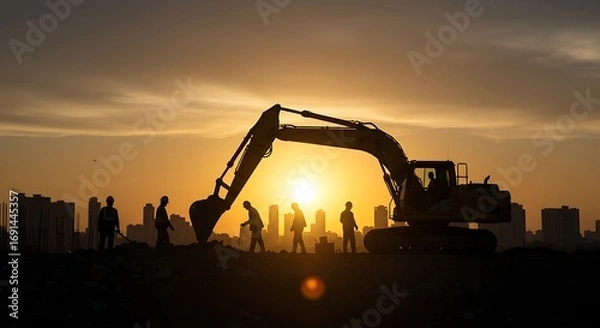 Fototapeta Construction under the Sunset: Construction crew works at sunset creating a scene of industrial activity bathed in the warm hues of the golden hour. 