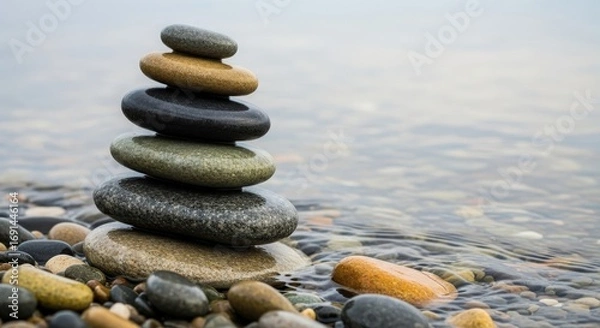Fototapeta Serene stack of smooth pebbles balancing on a tranquil riverbank, reflecting calm waters and nature