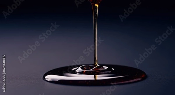 Fototapeta Thick syrup slowly drizzling onto a dark surface, creating a glossy puddle with reflections
