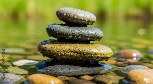 Fototapeta Tranquil stack of wet stones balanced on a riverbed, surrounded by greenery and calm water
