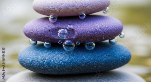Fototapeta Tranquil stacked stones with water droplets reflecting light, creating a serene atmosphere