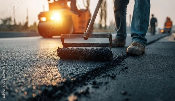 Fototapeta Asphalt paving workers at sunset