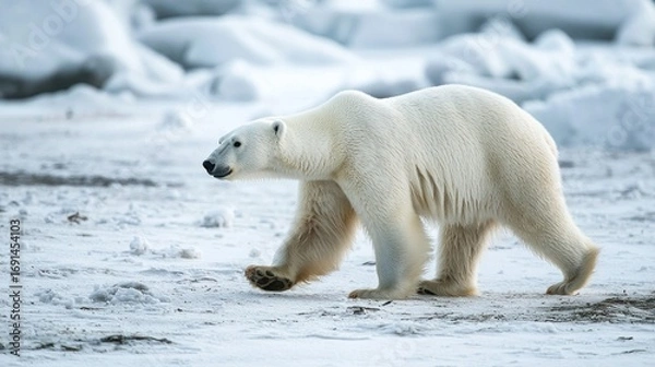 Fototapeta A polar bear walking across a snowy landscape with thick fur and strong paws symbolizing biological adaptation to cold climates