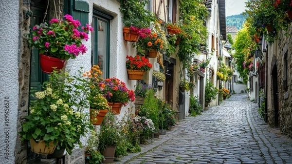 Fototapeta A row of vibrant hanging baskets decorating a charming cobblestone street in a quaint European village
