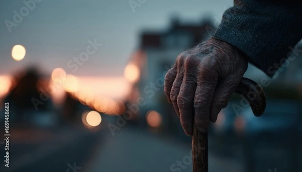 Fototapeta Close-up of an aged hand holding a walking stick at dusk