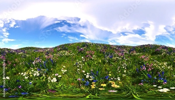 Fototapeta Panoramic view of a colorful flower field under a partly cloudy sky