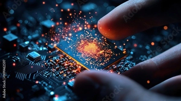 Fototapeta A symbolic image of a hand holding a tiny digital data chip, representing the concept of kilobyte storage
