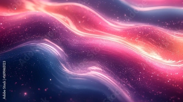 Fototapeta Abstract pink, orange, and blue wavy liquid light background with glitter.