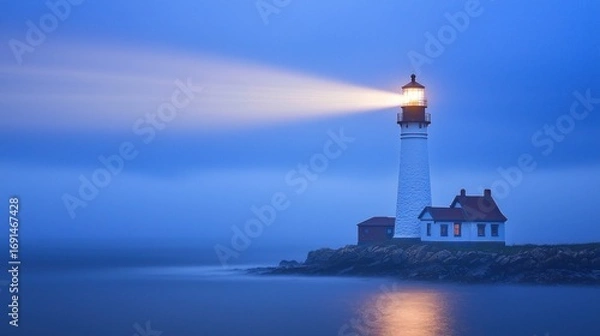 Fototapeta A lighthouse emitting a powerful beam of light across the foggy coastline