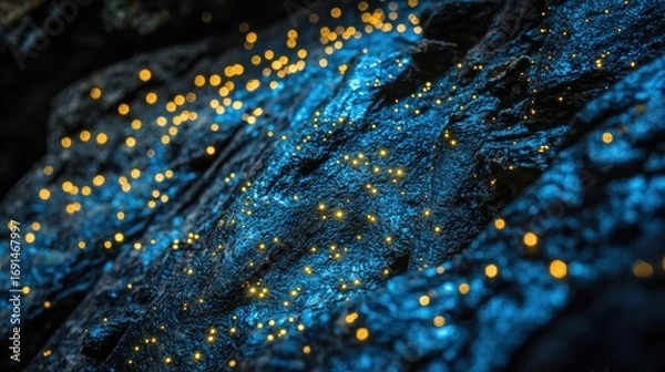 Fototapeta A macro shot of glowworms clustered on a rock surface creating an enchanting pattern of tiny luminous dots