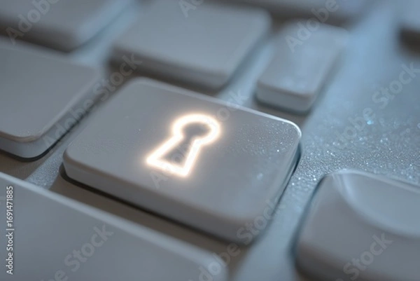 Fototapeta Close-up of glowing keyhole icon on a computer keyboard