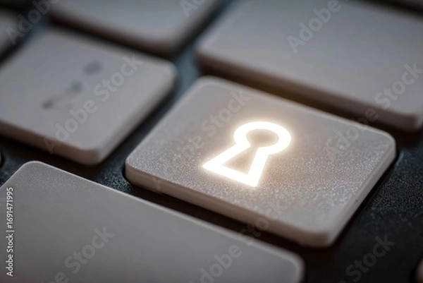 Fototapeta Close-up of a keyboard key with a glowing keyhole symbol (1)