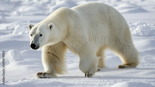 Fototapeta A polar bear walking across a snowy landscape with thick fur and strong paws symbolizing biological adaptation to cold climates