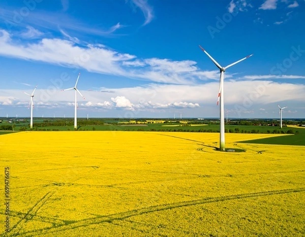 Fototapeta Panoramic view of a field of rapeseed with wind turbines