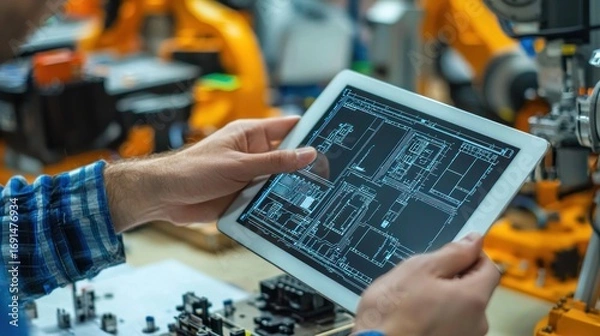 Fototapeta A robotics engineer testing a circuit diagram on a tablet while assembling hardware components nearby