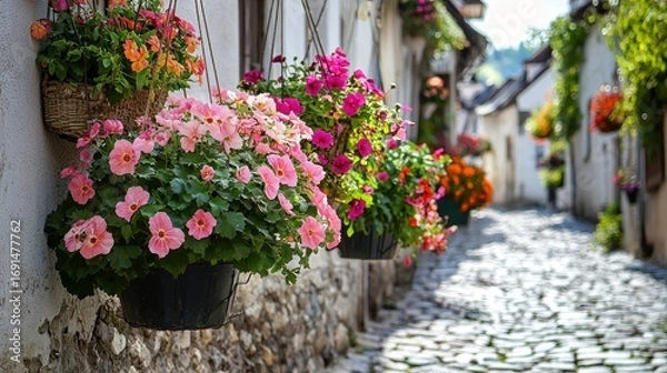 Fototapeta A row of vibrant hanging baskets decorating a charming cobblestone street in a quaint European village