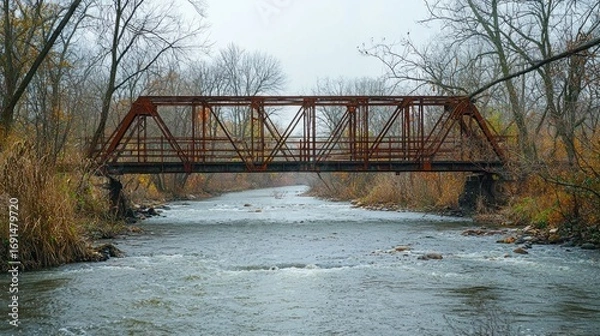 Fototapeta A rusted metal bridge over a river slowly starting to deteriorate under years of weather and neglect