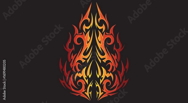 Fototapeta Vibrant fiery tribal flame emblem with intricate swirling red orange yellow gradient design