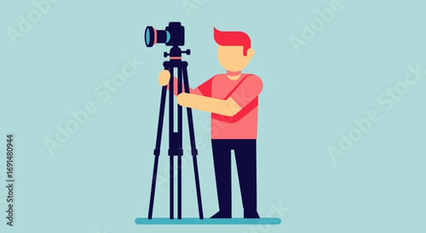 Fototapeta Minimalist flat design of a faceless cameraman in a pink shirt operating a professional video camera on a tripod.