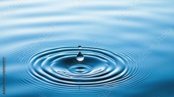 Fototapeta A single droplet of water falling into a vast still lake creating a ripple that gently expands outward