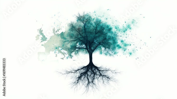 Fototapeta A stylized tree with intricate roots and a watercolor background, symbolizing growth, connection, and nature's beauty.