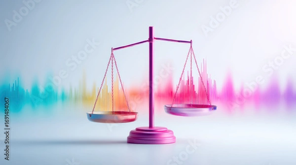 Fototapeta A vibrant scale balances colorful sound waves, symbolizing harmony between justice and creativity in a modern digital context.