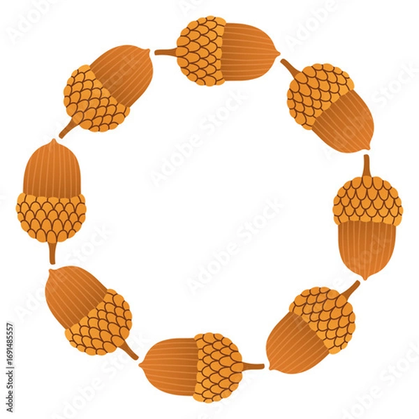 Fototapeta Autumn acorn circle frame. Round border made of doodle hand drawn fall acorns. The acorns are arranged in a circle for stickers, banners, cards, ads. Vector flat isolated on white background.