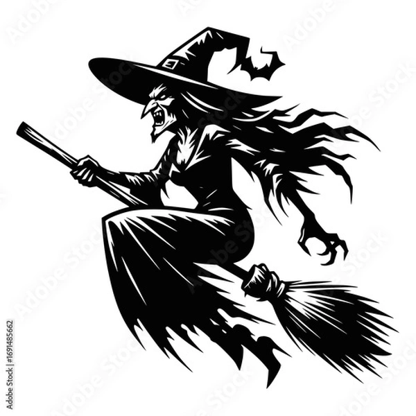Fototapeta Wicked witch on a broomstick. Halloween witch