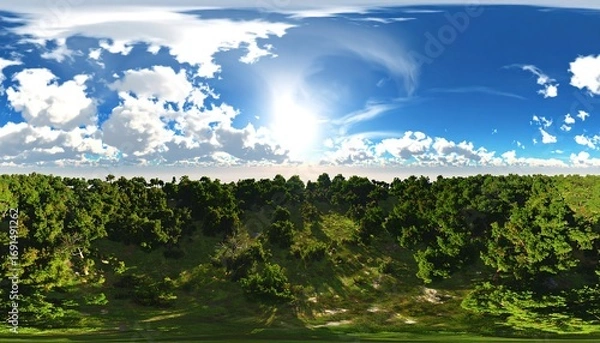 Fototapeta Panoramic view of a lush forest landscape under a vibrant sky