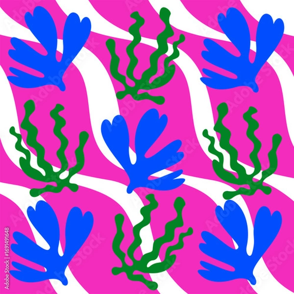 Obraz A graceful vector texture that embodies the essence of beauty through flowing waves and delicate leaves. The palette of purple, green, and blue creates a harmonious blend of calm and vibrancy, while e