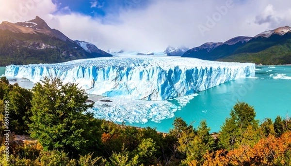 Fototapeta Panoramic view of a massive glacier in a turquoise lake, surrounded by mountains and forests, with vibrant colors and a bright sky
